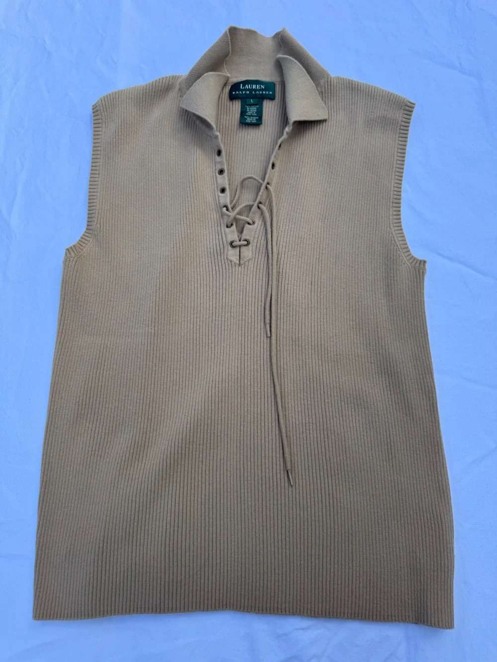 Lauren Ralph Lauren Taupe Ribbed Lace-Up Sleeveless Sweater